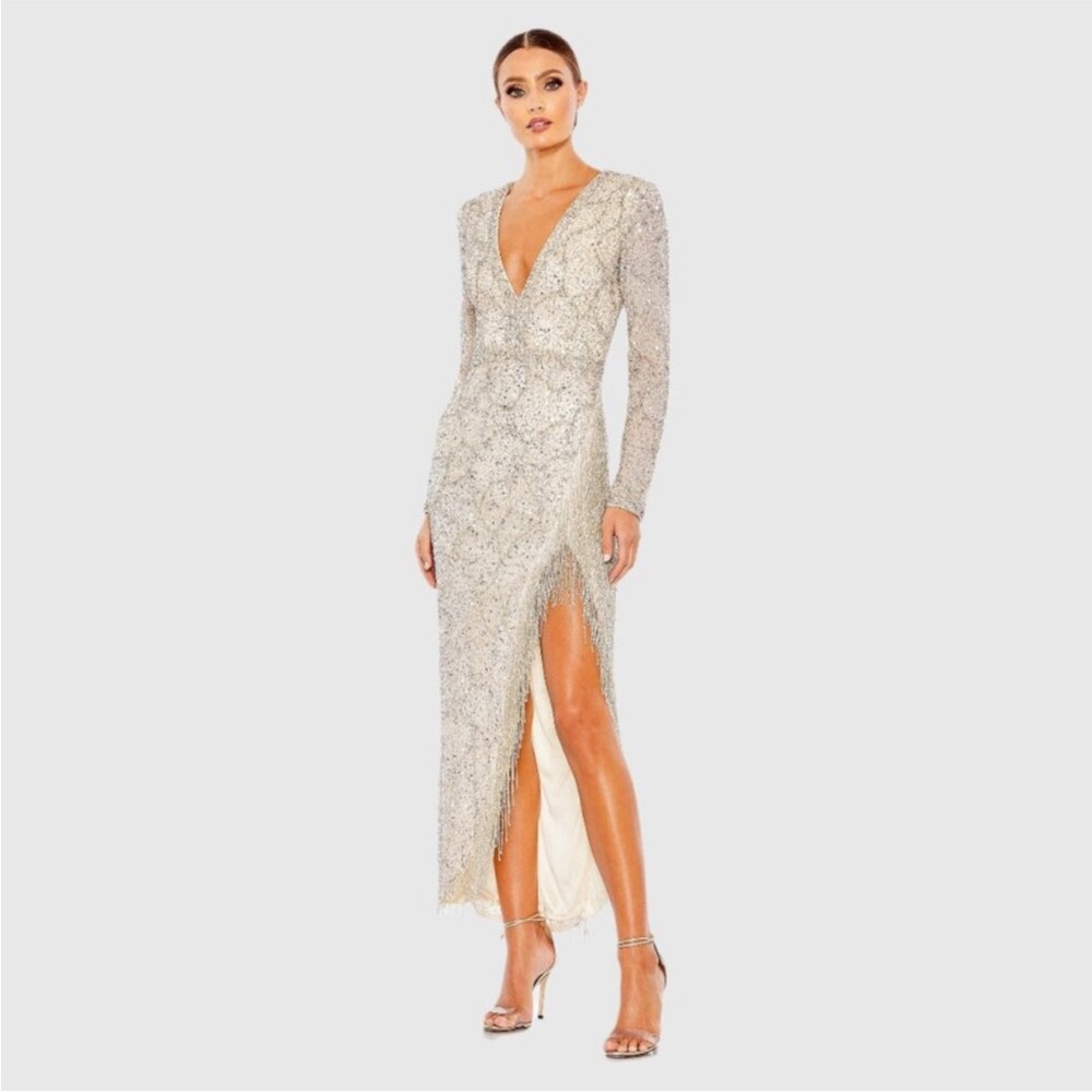 Mac Duggal Glittering Silver Long Sleeve Dress